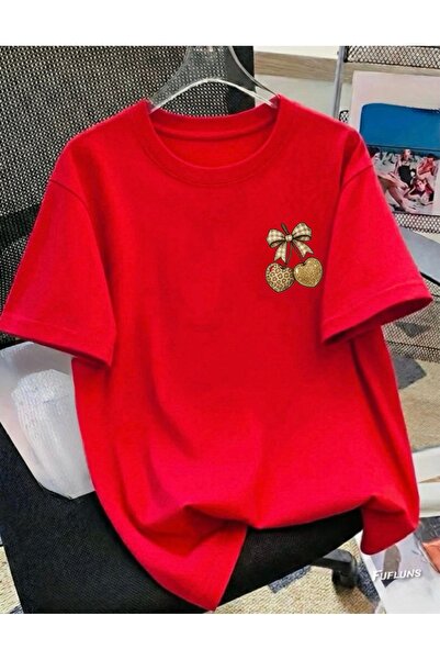 FUFLUNS Ribbon Cherry Printed Unisex Women'S/Men's Oversized Crewneck T-Shirt