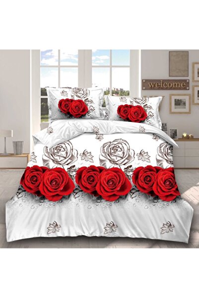 CumparaMisim Lenjerie pat dublu, cearsaf clasic, imprimeu 3D, Alb-Rosu, trand...