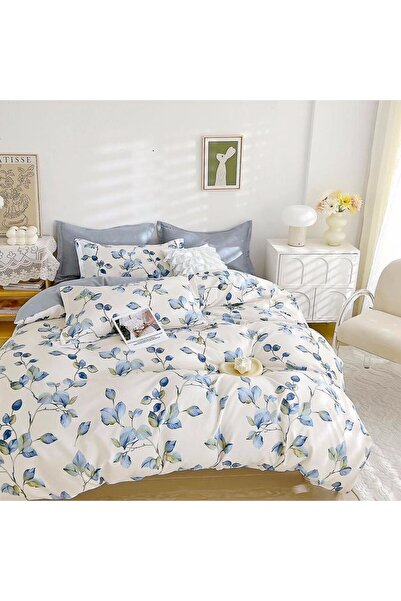 CumparaMisim Lenjerie pat dublu cu ELASTIC, Finet, 6 piese, Gri, frunze, cren...