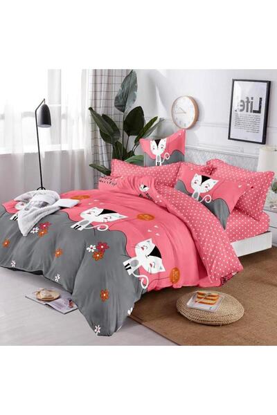 CumparaMisim Lenjerie pat dublu cu ELASTIC, Finet, 6 piese, Roz, pisici