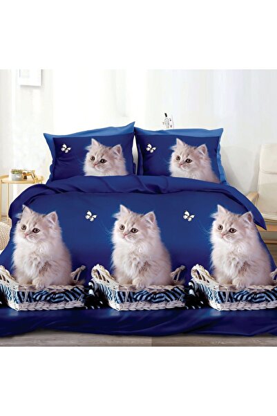 CumparaMisim Double bed linen, classic sheet, 3D print, Blue, Kittens