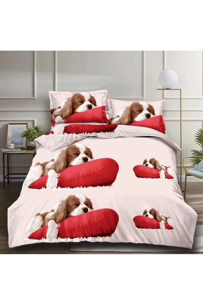 CumparaMisim Double bed linen, classic sheet, 3D print, Beige-Red, puppies