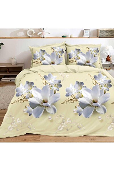 CumparaMisim Lenjerie pat dublu, cearsaf clasic, imprimeu 3D, Crem, flori