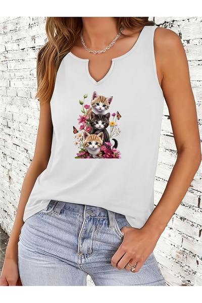 Deocept Γυναικεία χαριτωμένα μπλουζάκια γάτας με τύπωμα με μισό λαιμόκοψη V, ...