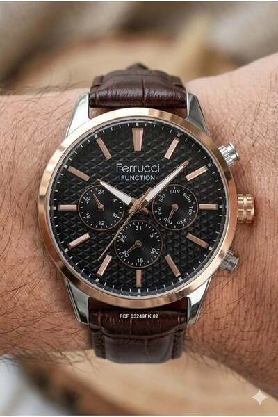 Ferrucci Classic Men's Wristwatch |   45mm Steel Case, Dark Brown Leather Str...