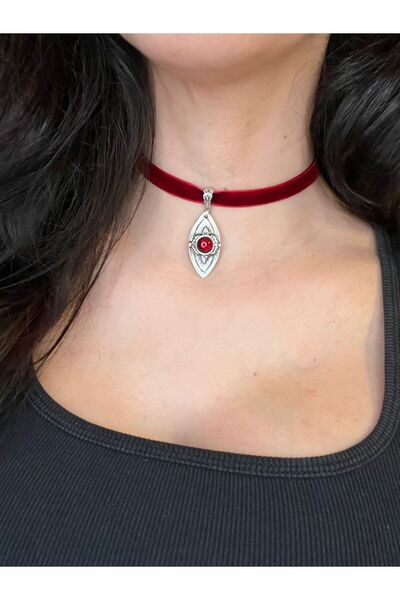 Vintage Takıhane Bordo Taş Detaylı Gotik Bordo Choker Kolye Boyunluk