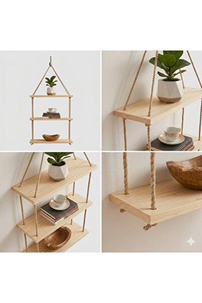 MİPOY DESİNG Dekoratif 3 Katlı Jüt Halatlı Masif Ahşap Duvar Rafı - Modern Ki...