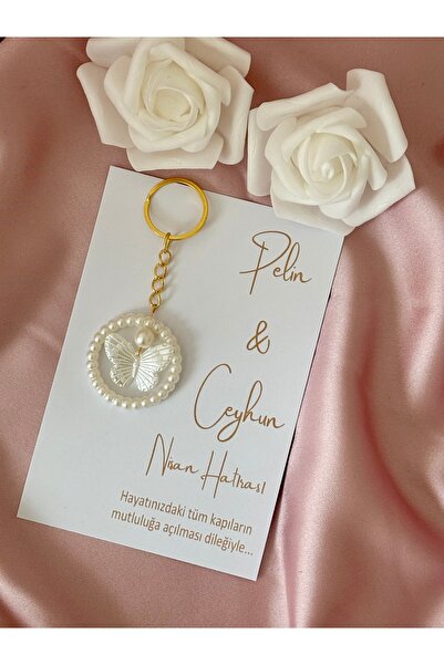 TİLİA DESİGN İncili Kelebek Anahtarlık 10 Adet Nişan,Kına ,Nikah,Söz Hediyelik
