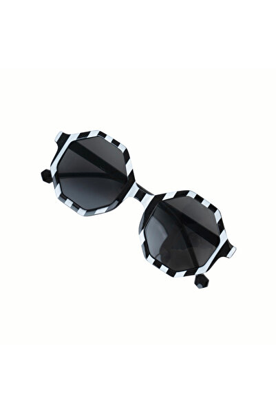 PETIT-ATELlER Kids Hexagon Sunglasses Black White Striped Geometric Bold Fram...
