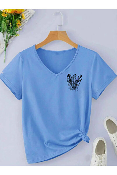 SUNFREE Feather Printed V-Neck Regular Short Sleeve Women's Summer Combed Cot...