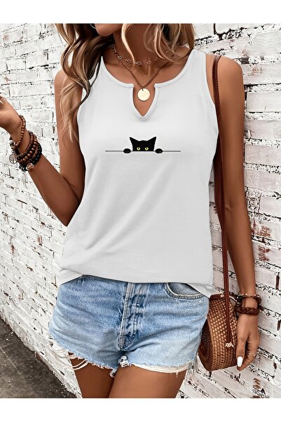 mercoledi Women's Cat Printed Half V-Neck Sleeveless Regular Fit Casual T-Shirt