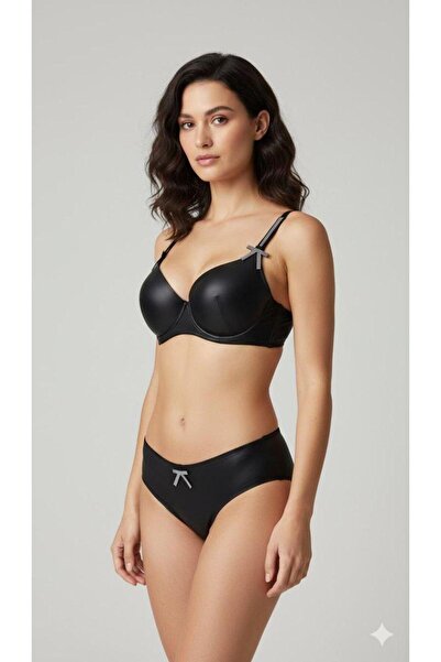 EVVA LINGERIE Deri Taşlı Fiyonklu Balenli Destekli Dolgulu Push Up Sütyen Takımı