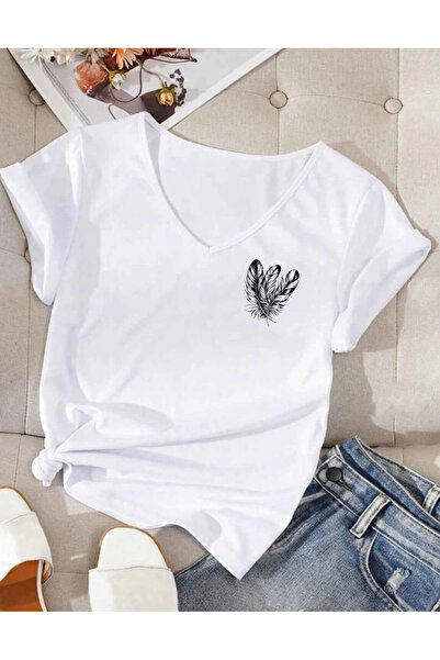 SUNFREE Feather Printed V-Neck Regular Short Sleeve Women's Summer Combed Cot...