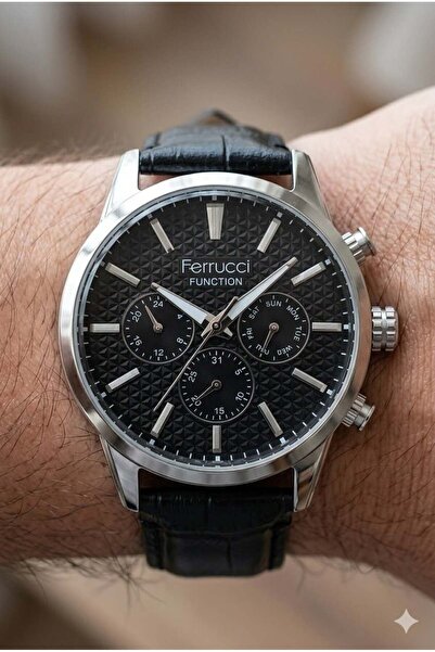 Ferrucci Modern Men's Wristwatch |   45mm Steel Case, Black Leather Band, Bla...