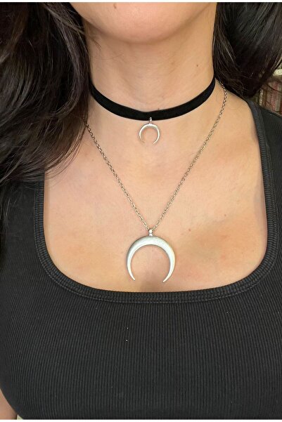Vintage Takıhane Hilal Detaylı Gotik Siyah Choker İkili Kolye Boyunluk