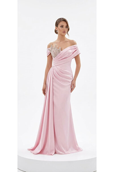 ODRİCA KADIN ABİYE GÖGÜS TAŞ DETAYLI TEK OMUZ PARLAK KUMAŞ DRAPELİ ŞIK DAVET ...