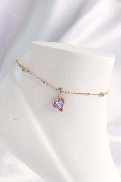 Inure Jewelry 316L Steel Gold Color Colorful Zircon Stone Heart Anklet