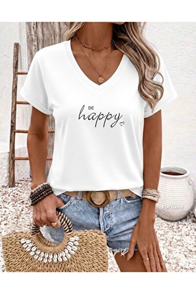 FUFLUNS Be Happy Printed Women's Oversized V-Neck T-Shirt