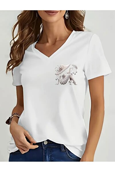 FUFLUNS Tricou supradimensionat pentru femei, cu decolteu în V, imprimat, cu ...