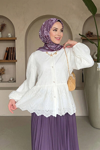 MODAQU Kol Lastik Lined Eyelet Embroidery Shirt - White