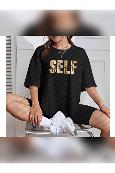 TİMİSİVA Unisex Oversized Printed Crew Neck Short Sleeve Black T-Shirt