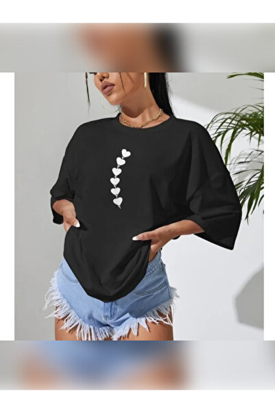TİMİSİVA Unisex Oversized Printed Crew Neck Short Sleeve Black T-Shirt