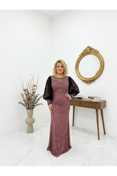 Donna Miranda Pırıltılı, Pliseli Balon Kol Abiye Elbise