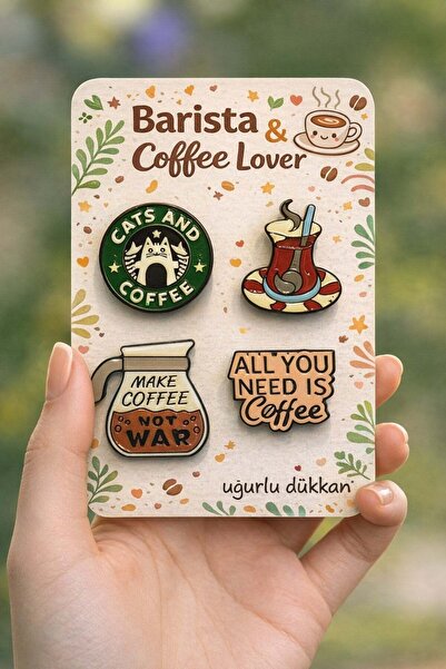 uğurlu dükkan Barista ve Kahve Severler İçin 4'lü Karakter Seti Rozet