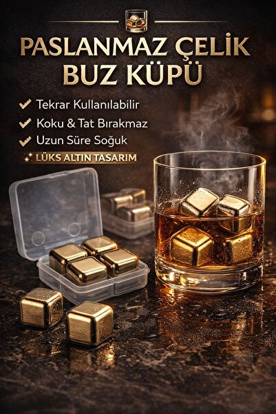 Kitchen Beauty 4 Adet Paslanmaz Çelik Gold Buz Kalıbı Viski Soğutma Taşı Yeni...