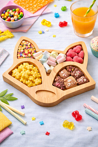 BOZKURT CNC Doğal Ahşap Tilki Figürlü Bölmeli Çocuk Çerezlik ve Sunum Tabağı