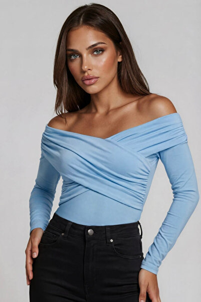 OLSAMODA Women's Cross-Necklace Drape Detail Flexible Fabric Design Blouse