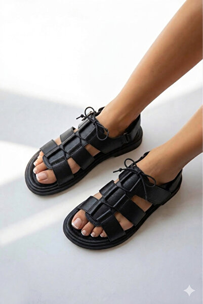 HVZ Exclusive Black Women's Sandals Stringed Bodrum Style Sandals Ergonomic C...