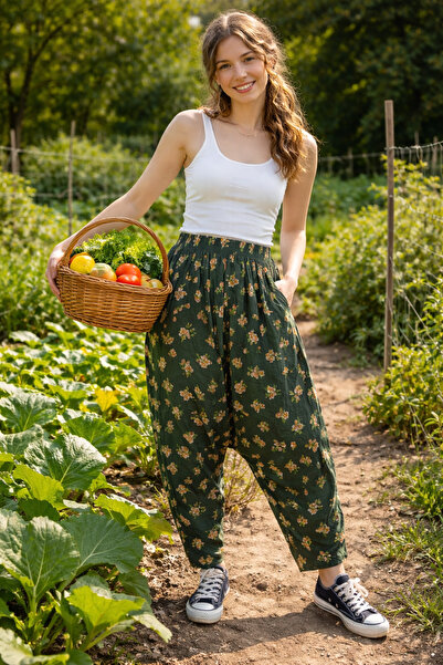 hoaryage Viskon Basma Kumaş Çiçek Desenli Cepli Şalvar %100 Pamuk