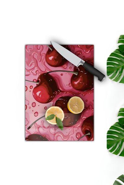 kutuTR Red Fruit Themed Tempered Glass Cutting Board 30X40 cm Size Uv Printing - Bckt042