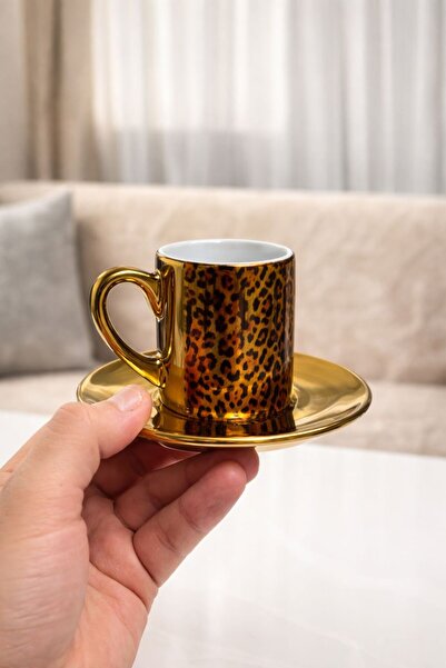 Ayab Seramoni Baskı Altın Renkli Kaplan Desenli Türk Kahvesi Fincan Takımı 6 ...