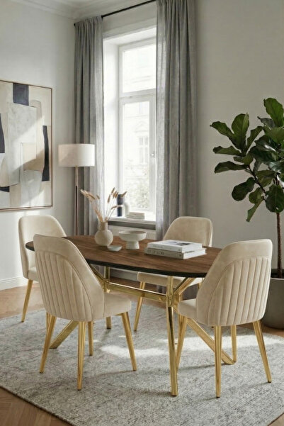 SANDERYA Node Serisi Gold Ayaklı Ceviz 85x170 Mutfak Salon Masa Takımı 4 Sand...