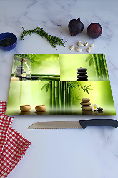 kutuTR Bambu ve Zen Taşları Desenli Temperli Cam Kesme Tahtası 30X40 cm Ebadı...