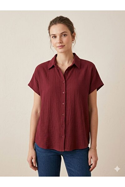 axy Kadın Bordo Kısa Kollu Gömlek – Dokulu Müslin Kumaş, Rahat Kesim Günlük Ş...
