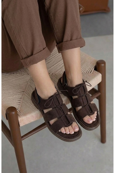 HVZ Exclusive Καφέ Σουέτ Γυναικείο Σανδάλια Κορδόνια με κορδόνια σε στυλ Bodr...