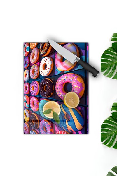 kutuTR Colorful Donut Patterned Tempered Glass Cutting Board 30X40 cm Size Uv Printing - Bckt044