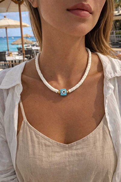 Yağmur قلادة صيفية نسائية من ناريزار مرصّع بالخرز بألوان أبيض وأزرق، إكسسوارا...