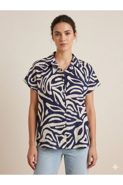 axy Women's Navy Blue White Patterned Short Sleeve Shirt – Zebra Pattern, Rel...