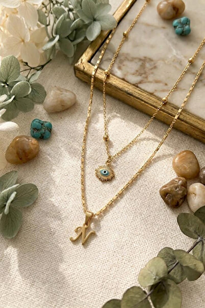 Larius Jewelry İkili Kombin Harf Kolye,Göz Nazar Kolyesi,Harf Kolye (Tek/Çift...
