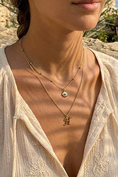Larius Jewelry İkili Kombin Harf Kolye,Göz Nazar Kolyesi,Harf Kolye (Tek/Çift...