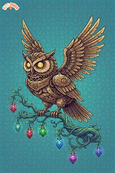Esranın Dünyası Mechanical Owl Crystal on Branches Double-Layer Framed Wooden...
