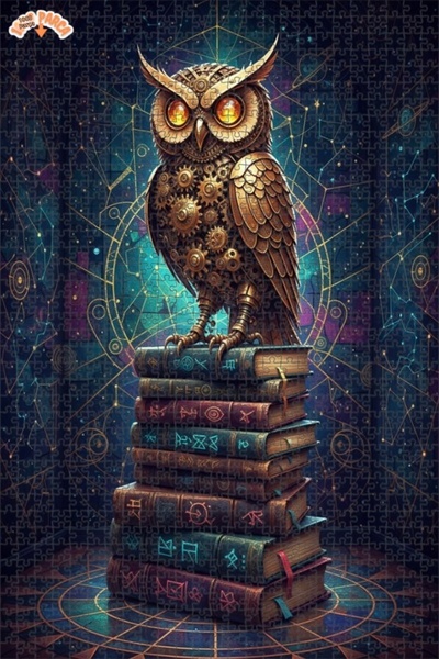 Esranın Dünyası Mechanical Owl Mystery Books Oil Painting Double-Layer Framed...