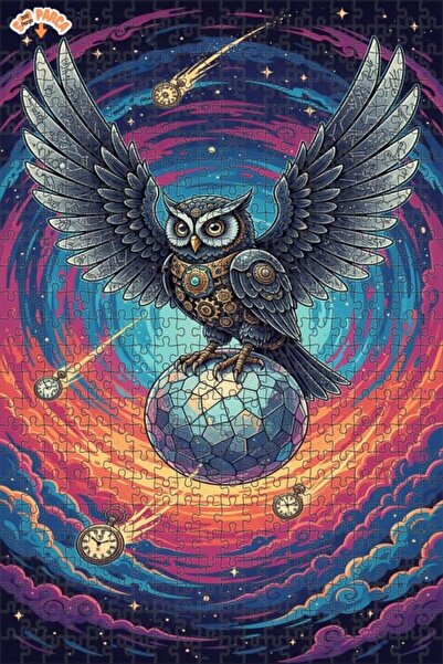 Esranın Dünyası Steampunk Owl Time Traveler Double-Layer Framed Wooden Puzzle...