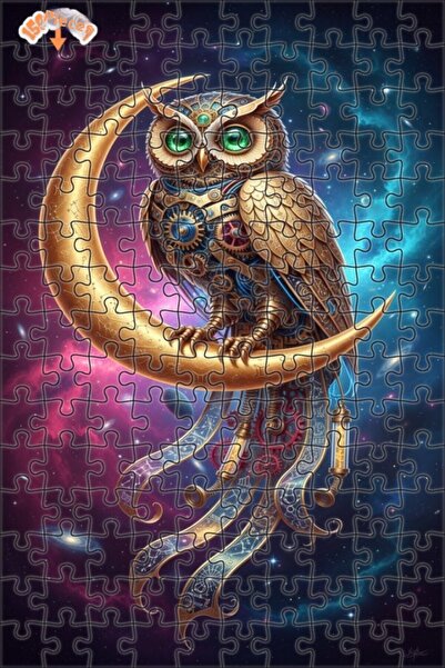 Esranın Dünyası Mechanical Owl and Golden Crescent Steampunk Art Wooden Puzzl...