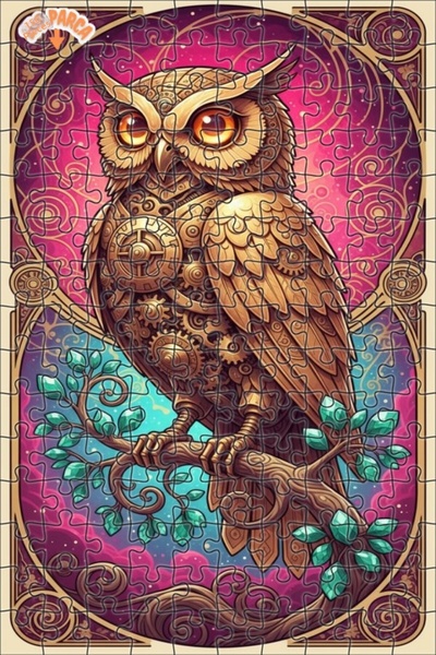 Esranın Dünyası Mechanical Owl Oil Painting Look Double Layer Framed Wooden P...