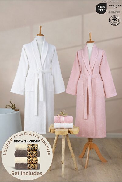 Ellaline 4 Piece Şalyaka Family Bathrobe Set 100% Cotton + Leopard 4-Piece Cr...